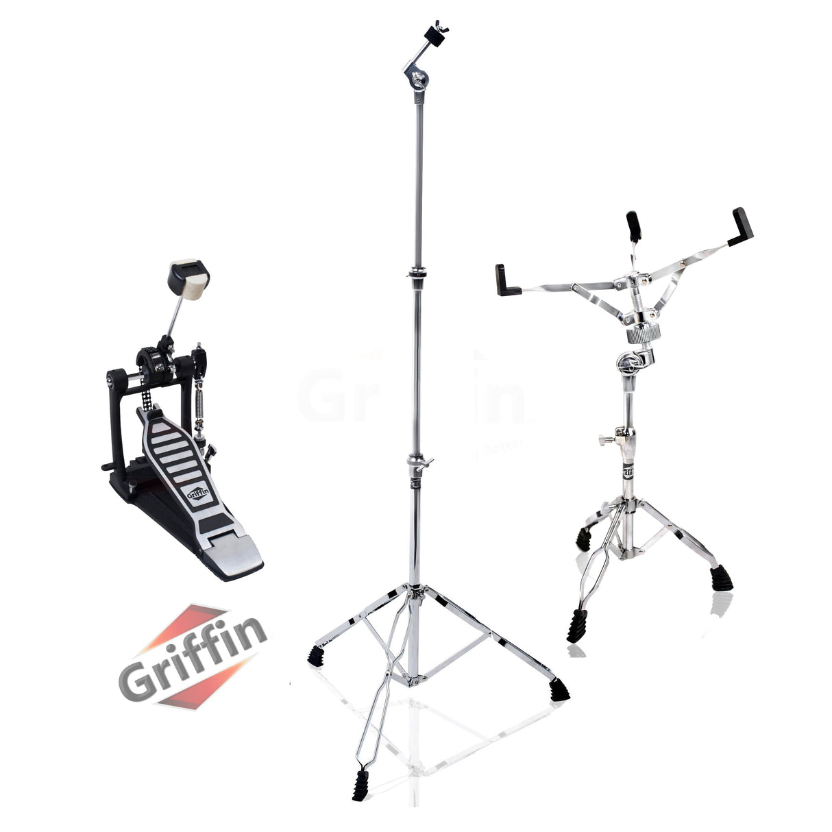 Drum Hardware Kit (3 Piece Set) by GRIFFIN - Kick Drum Pedal, Snare Stand & Straight Cymbal Stand - Deluxe Double-Chain Steel Pedal, Slip-Proof Gear Tilter & Clamp Basket Holder from GeekStands.com