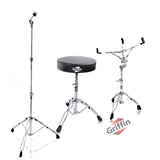 Drummer's Throne Seat, Snare Drum Stand & Straight Cymbal Stand Hardware Set (3 Piece Kit) by GRIFFIN - Comfortable Percussion Chair & Lightweight Mount for Standard Drums, Tom-Toms & Practice Pad from GeekStands.com