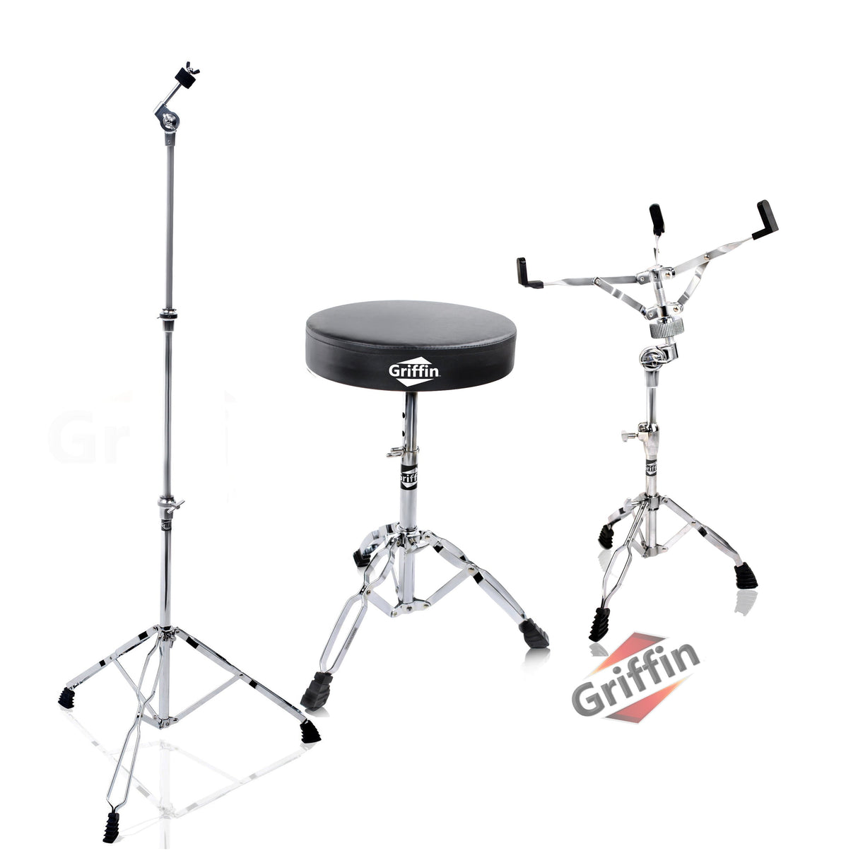 Drummers Throne Seat, Snare Drum Stand & Straight Cymbal Stand Hardware Set 3 PACK by GRIFFIN | Comfortable Percussion Chair for Adults | Light Weight Mount for Standard Drums, Tom-Toms & Practice Pad from GeekStands.com