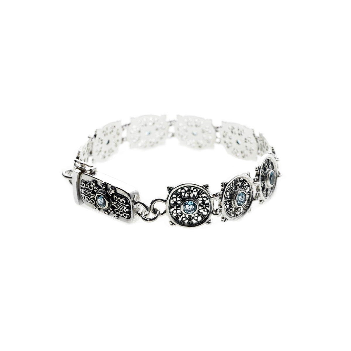 Dharmachakra Noble Truth Sterling Silver & Blue Topaz Bracelet from Cynthia Gale New York