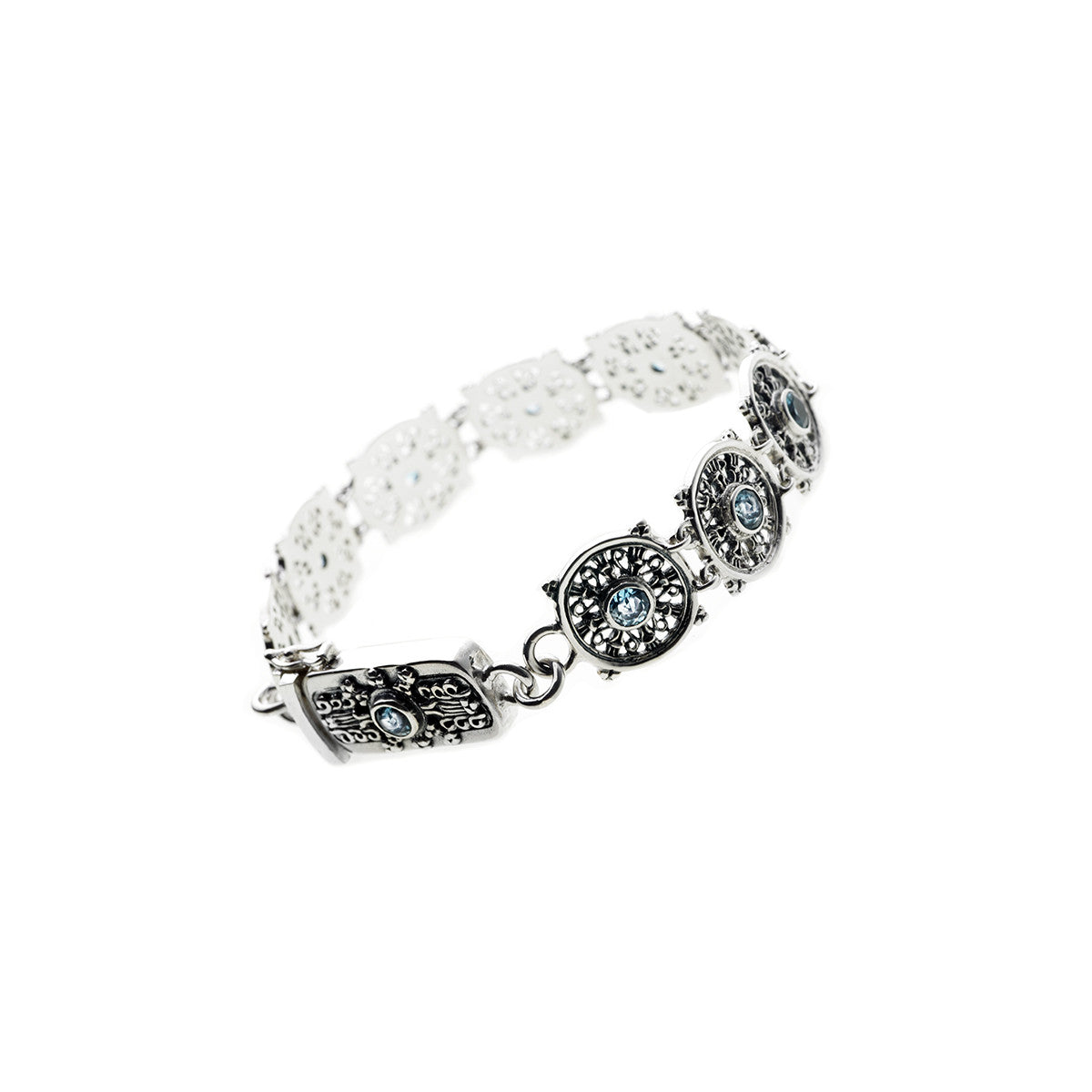 Dharmachakra Noble Truth Sterling Silver & Blue Topaz Bracelet from Cynthia Gale New York