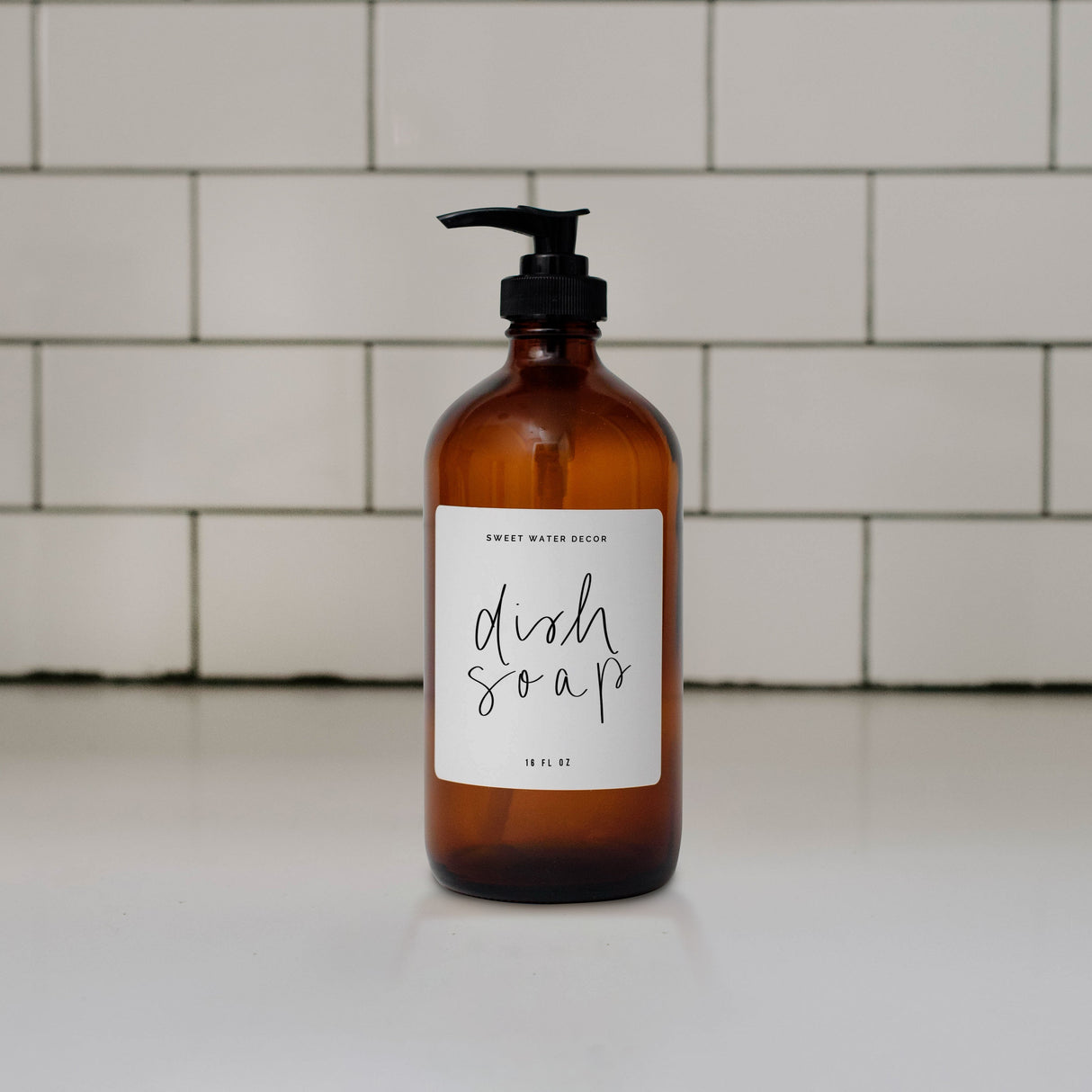 Amber 16oz Glass Dish Soap Dispenser - White Label From Sweet Water Decor