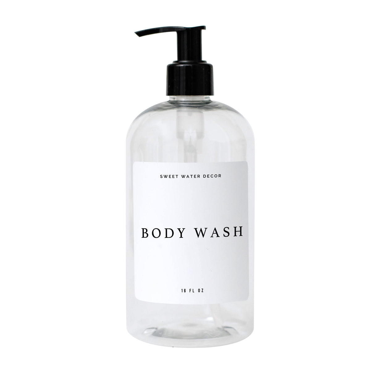 Clear 16oz Plastic Body Wash Dispenser - White Text Label From Sweet Water Decor