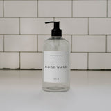 Clear 16oz Plastic Body Wash Dispenser - White Text Label From Sweet Water Decor