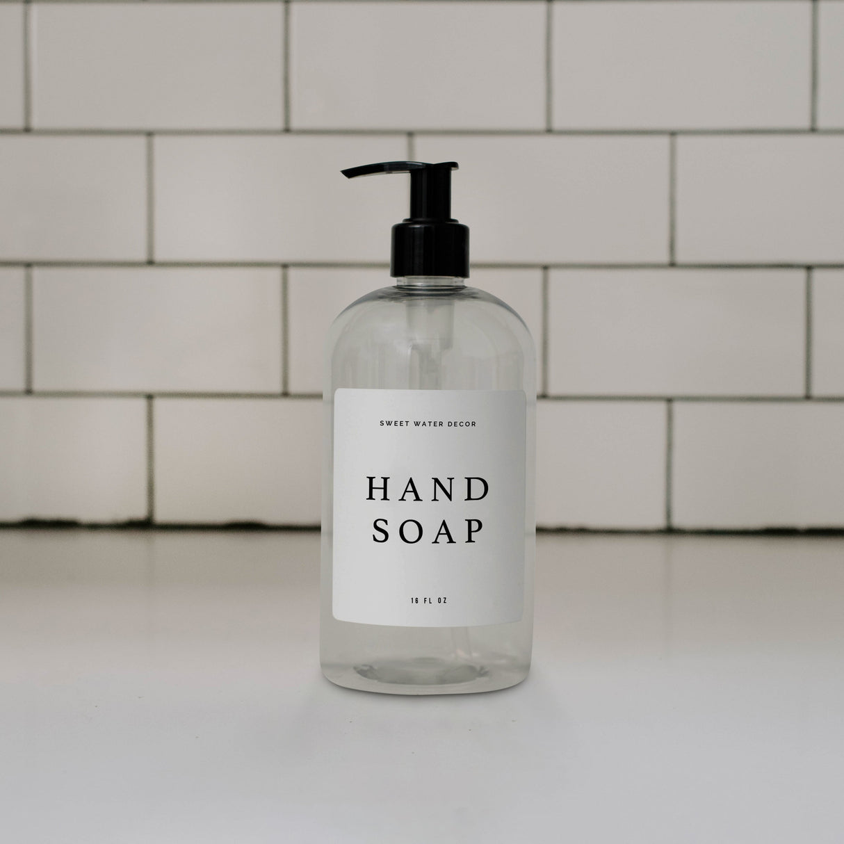 Clear Plastic Hand Soap Dispenser 16oz  - White Text Label From Sweet Water Decor
