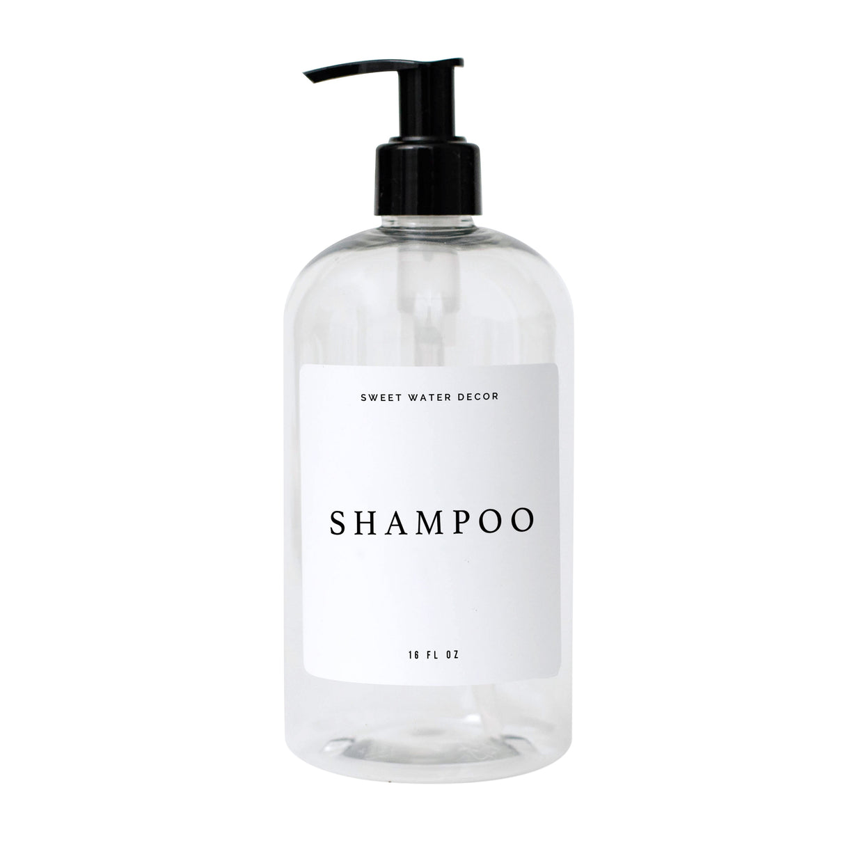 Clear Plastic Shampoo Dispenser 16oz- White Text Label From Sweet Water Decor