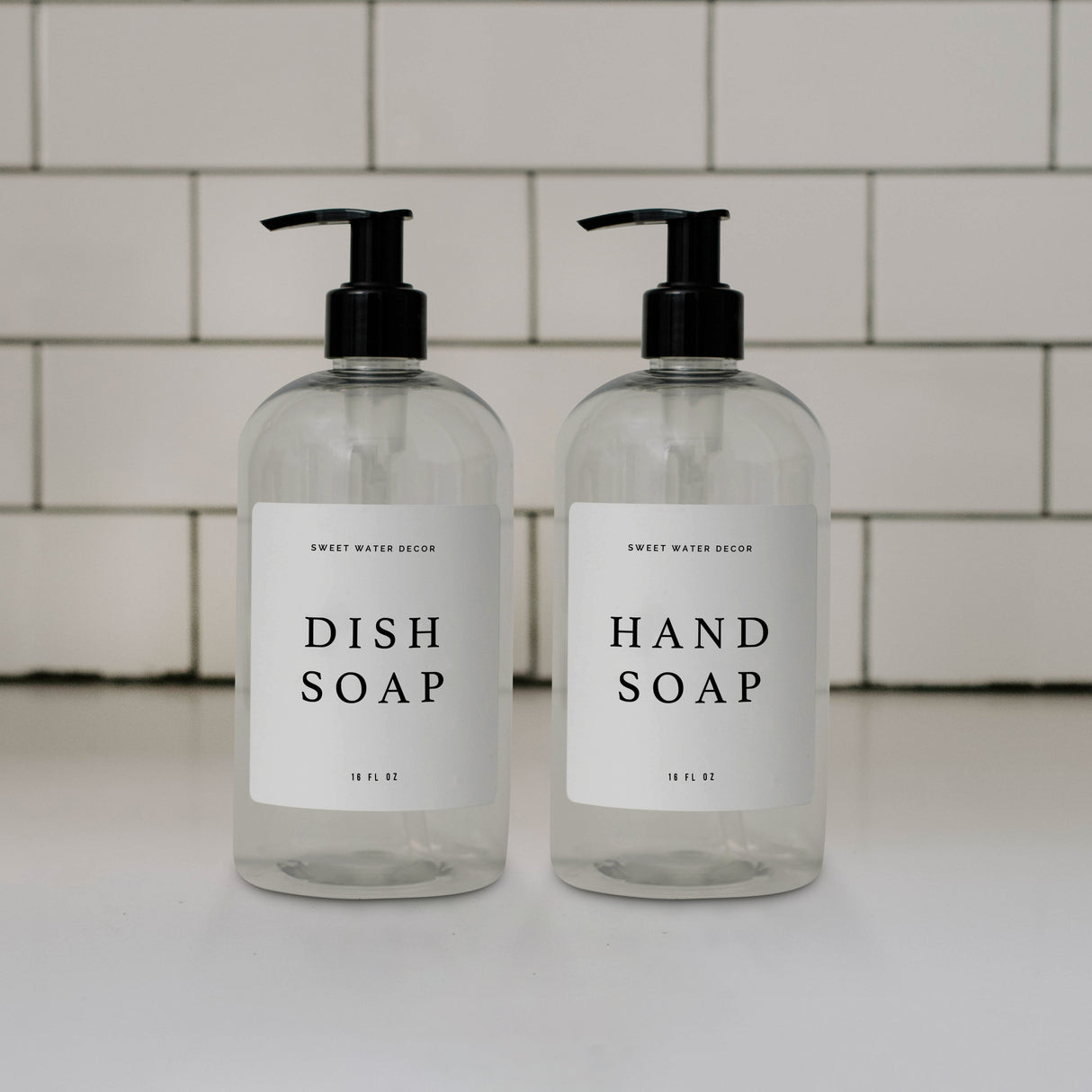 Clear 16oz Plastic Countertop Dispenser Set of 2- White Text Label From Sweet Water Decor