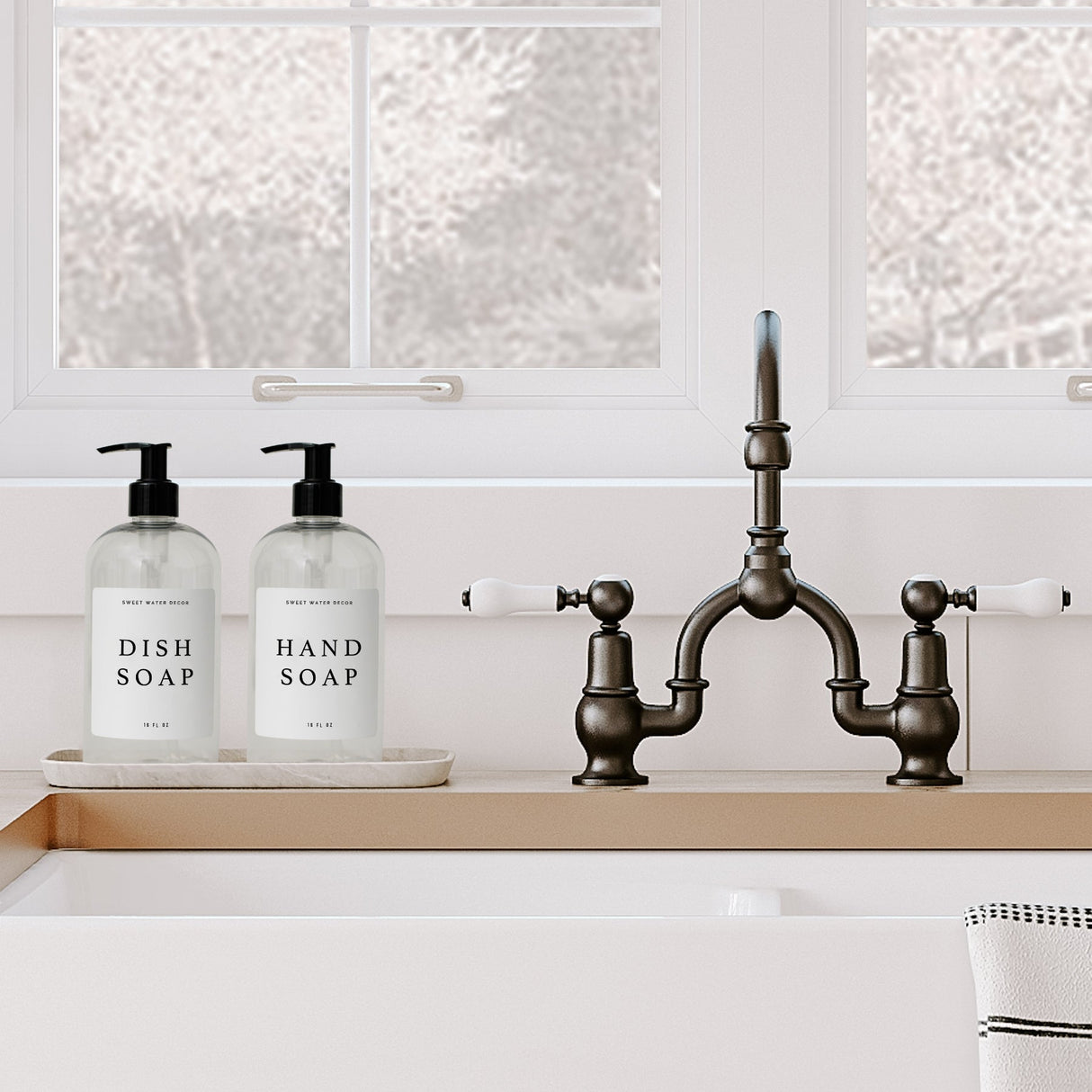 Clear 16oz Plastic Countertop Dispenser Set of 2- White Text Label From Sweet Water Decor