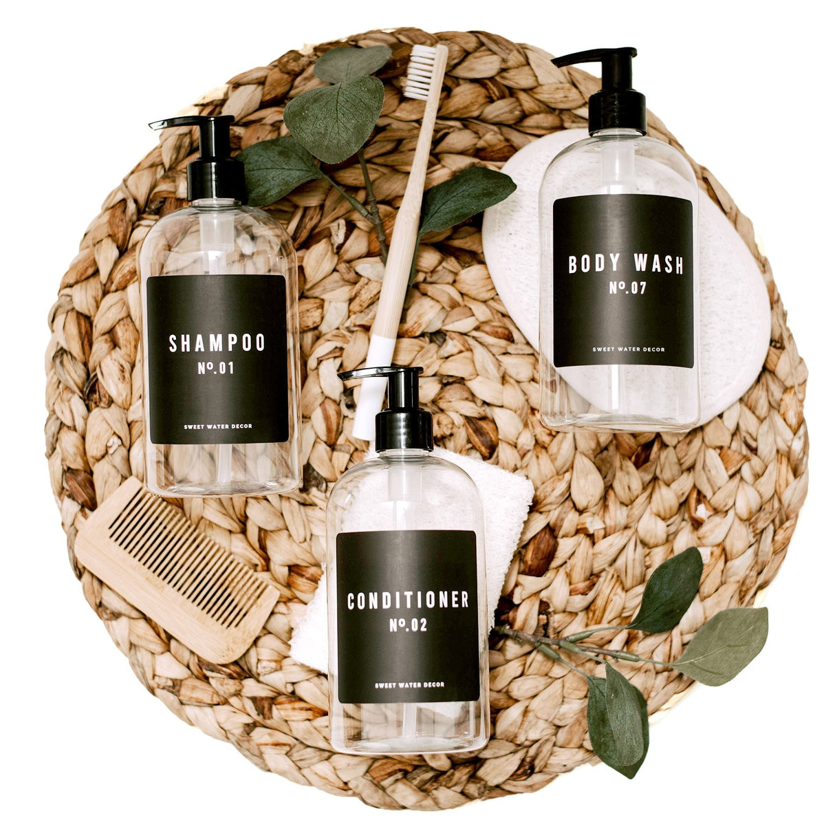 Clear 16oz Plastic Bath + Shower Dispenser Set of 3 - Black Label From Sweet Water Decor