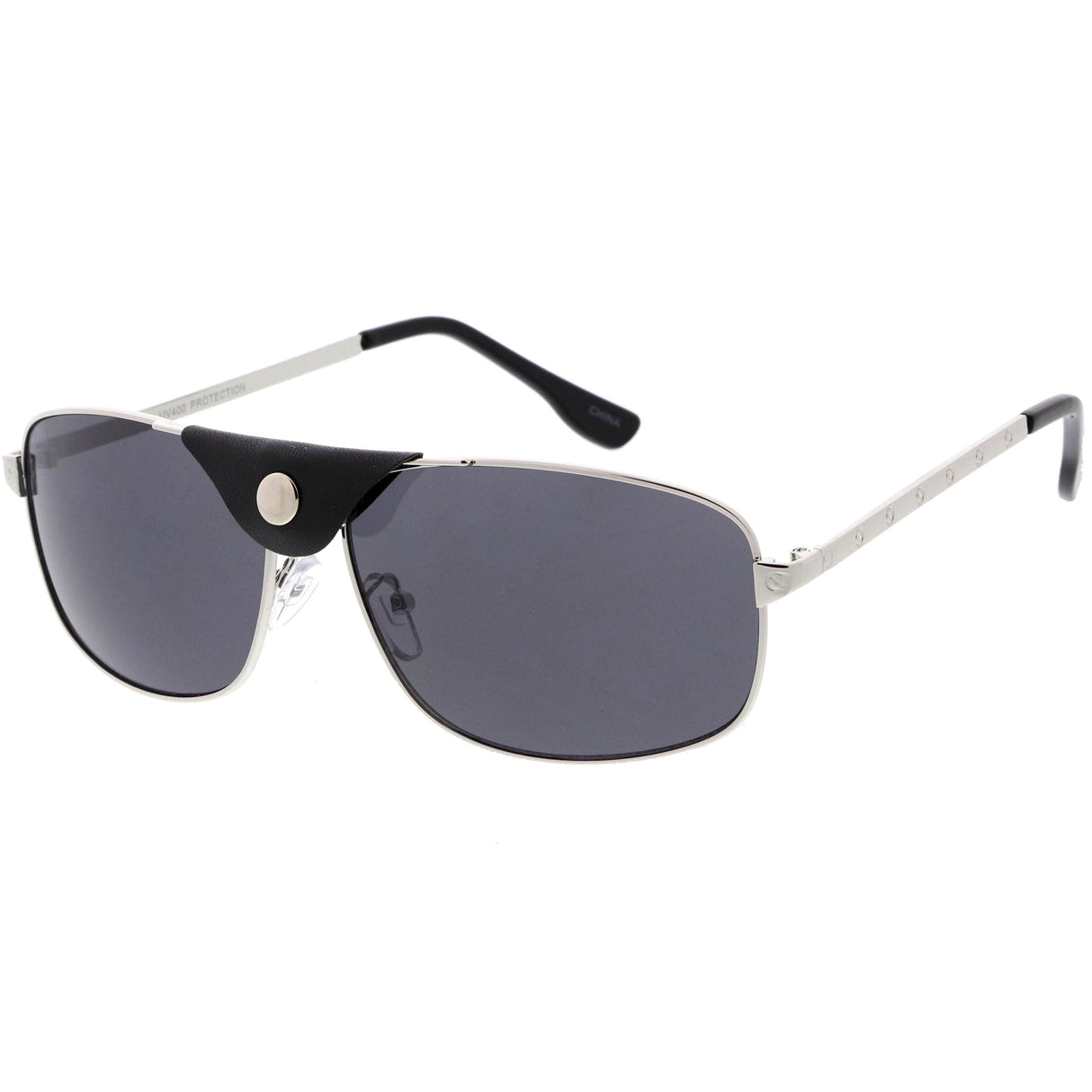 Button Snap Vegan Leather Strap Metal Crossbar Square Aviator Sunglasses D065 from zeroUV