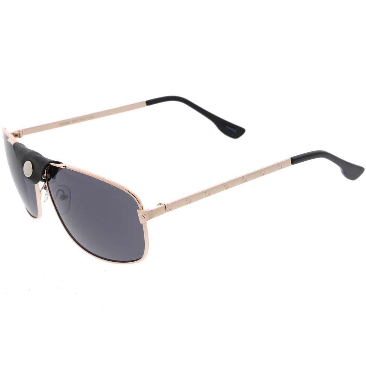 Button Snap Vegan Leather Strap Metal Crossbar Square Aviator Sunglasses D065 from zeroUV