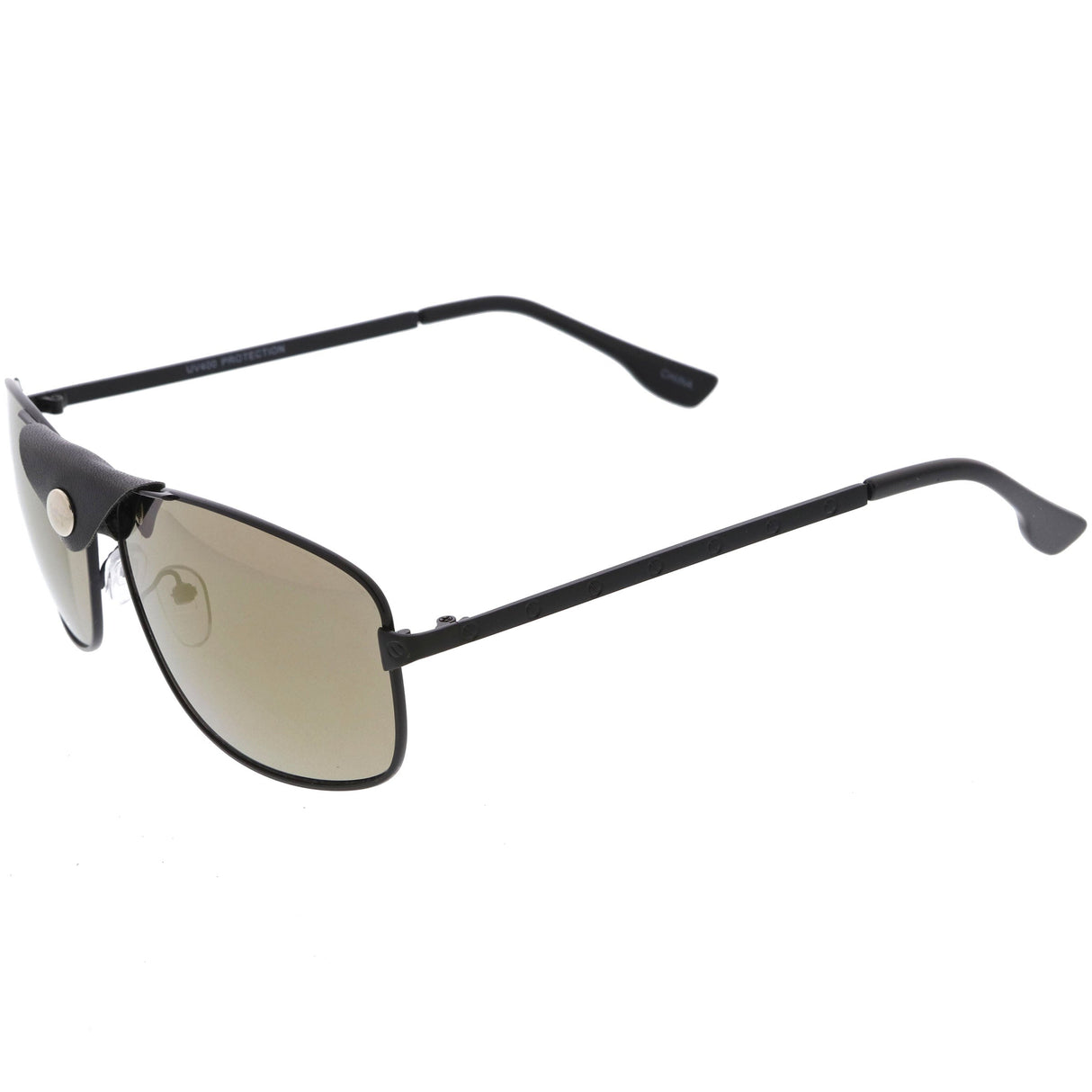Button Snap Vegan Leather Strap Metal Crossbar Square Aviator Sunglasses D065 from zeroUV