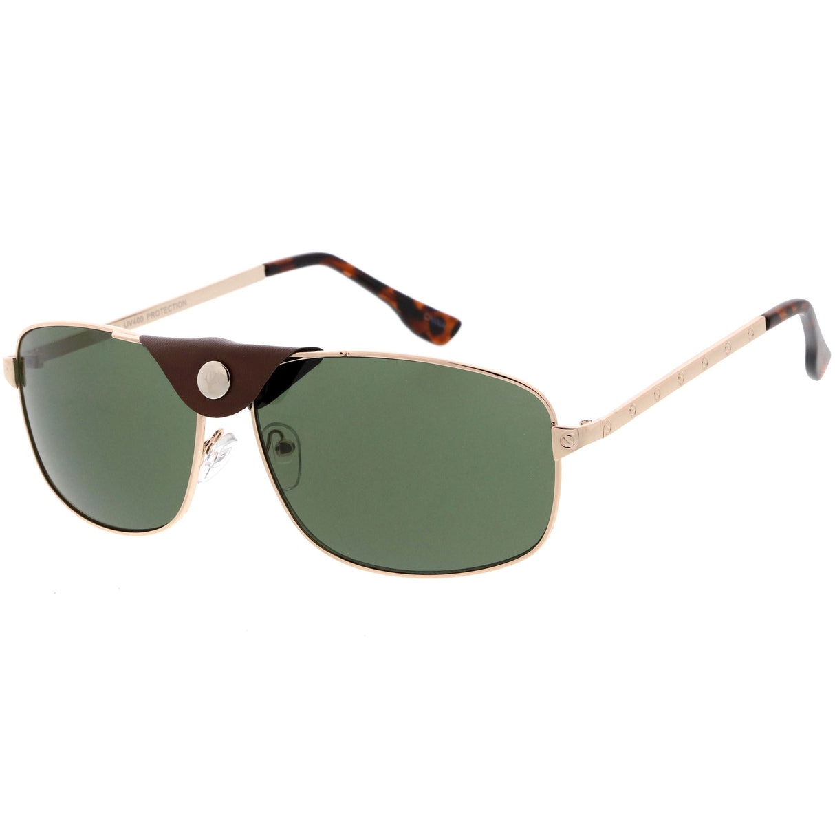 Button Snap Vegan Leather Strap Metal Crossbar Square Aviator Sunglasses D065 from zeroUV