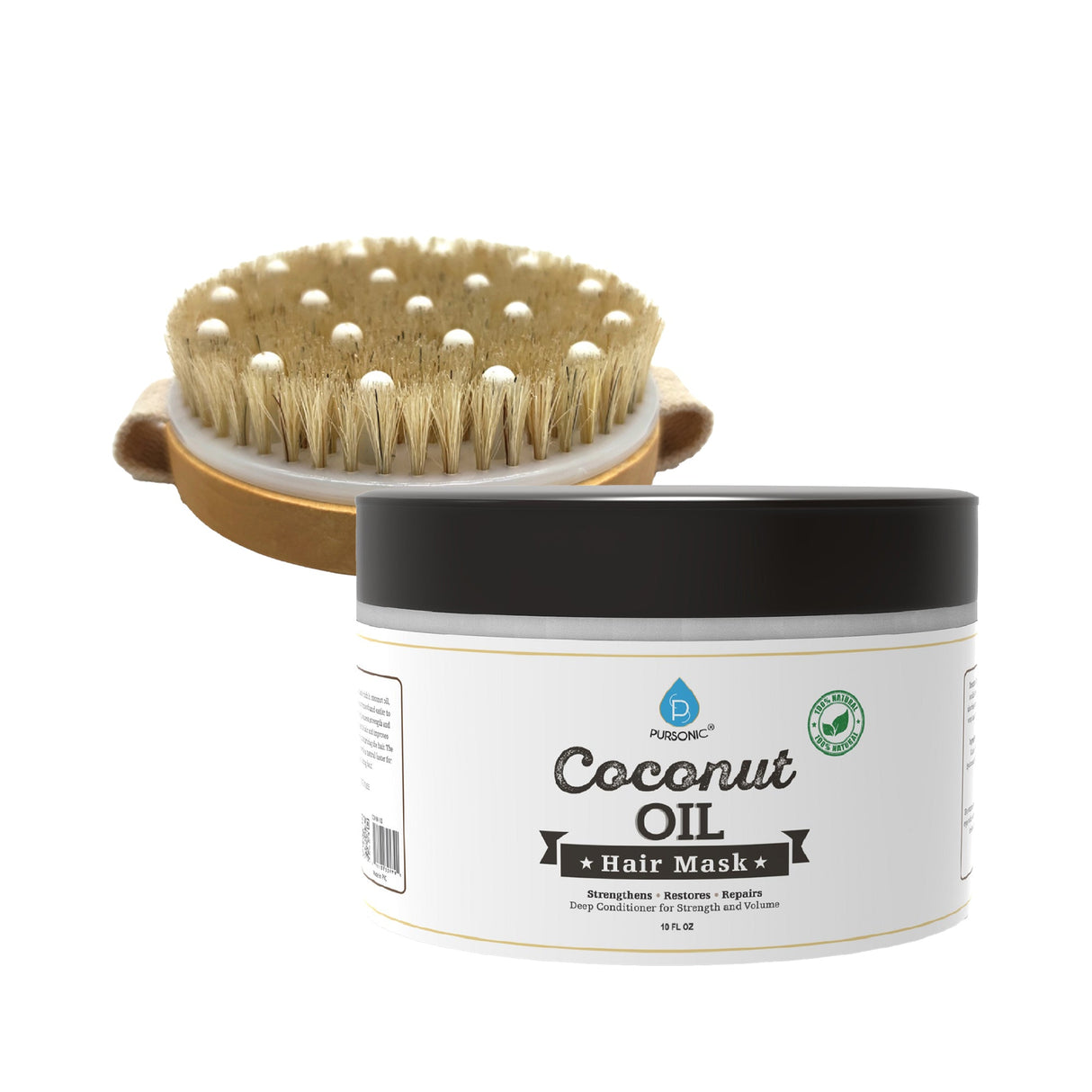 Hair Care and Massage Bundle: Bath Brush and Rubber Massager with Lotus wooden handle + 100% Natural Coconut Oil Hair Mask 10 Oz from Pursonic