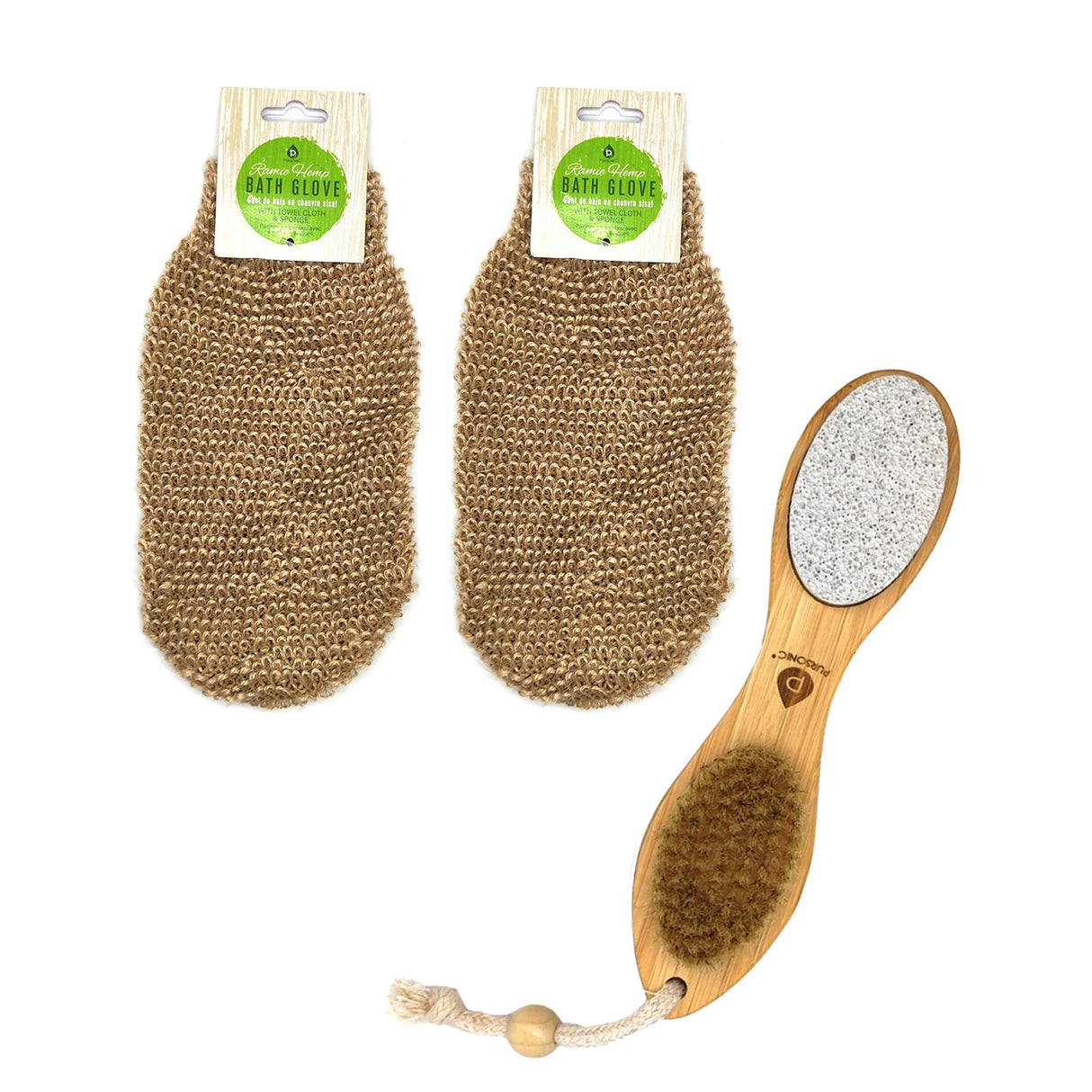 Sisal Hemp Bath Glove, Pack of 2, and 4-in-1 Foot Scrubber Bundle from Pursonic