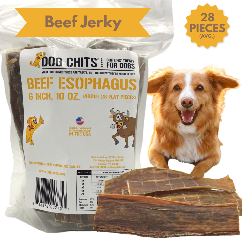 Beef Jerky (esophagus), 6 Inch, 10 oz. Bag (avg. 28 pieces) from Dog Chits Pet Products