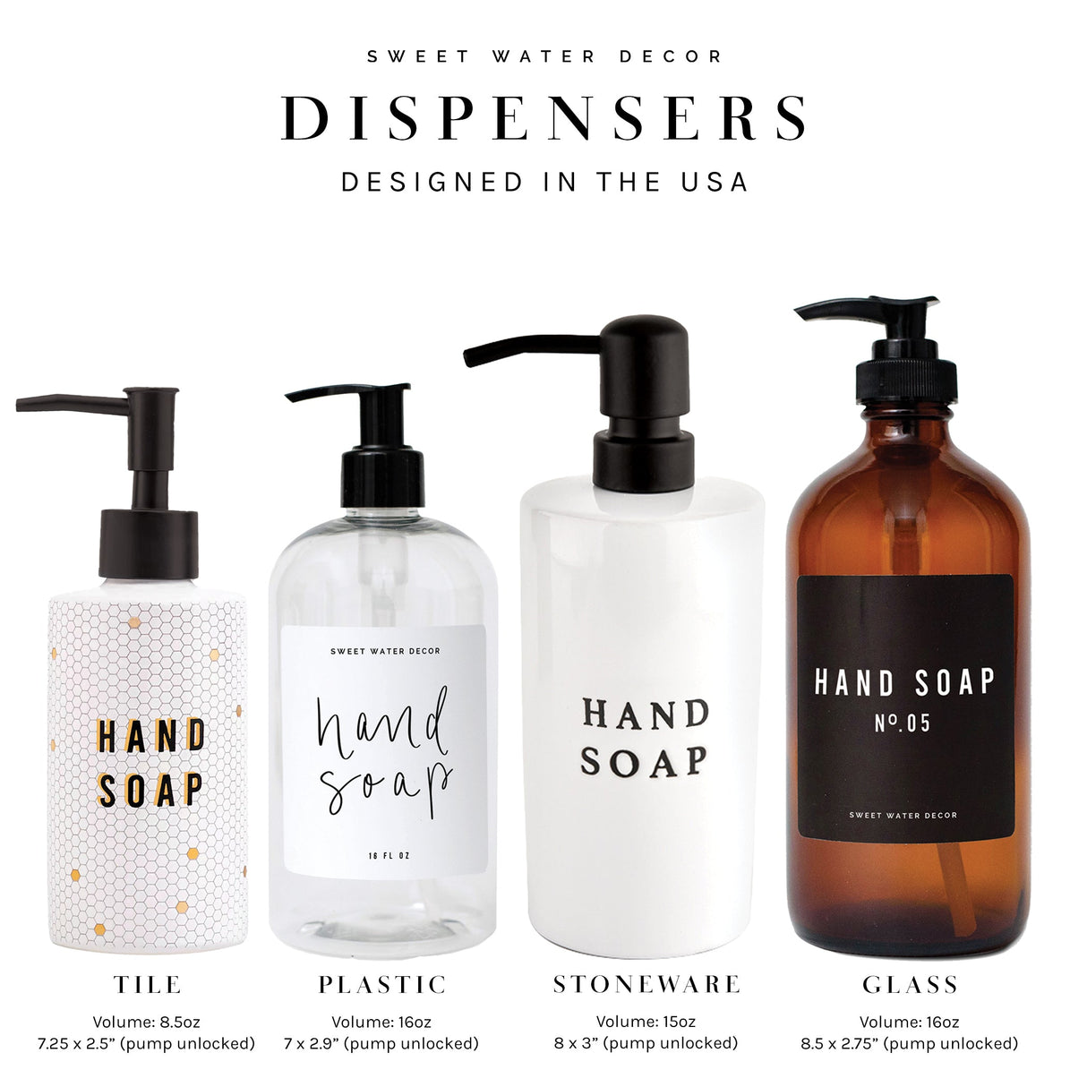 Clear Plastic Hand Soap Dispenser 16oz  - White Text Label From Sweet Water Decor