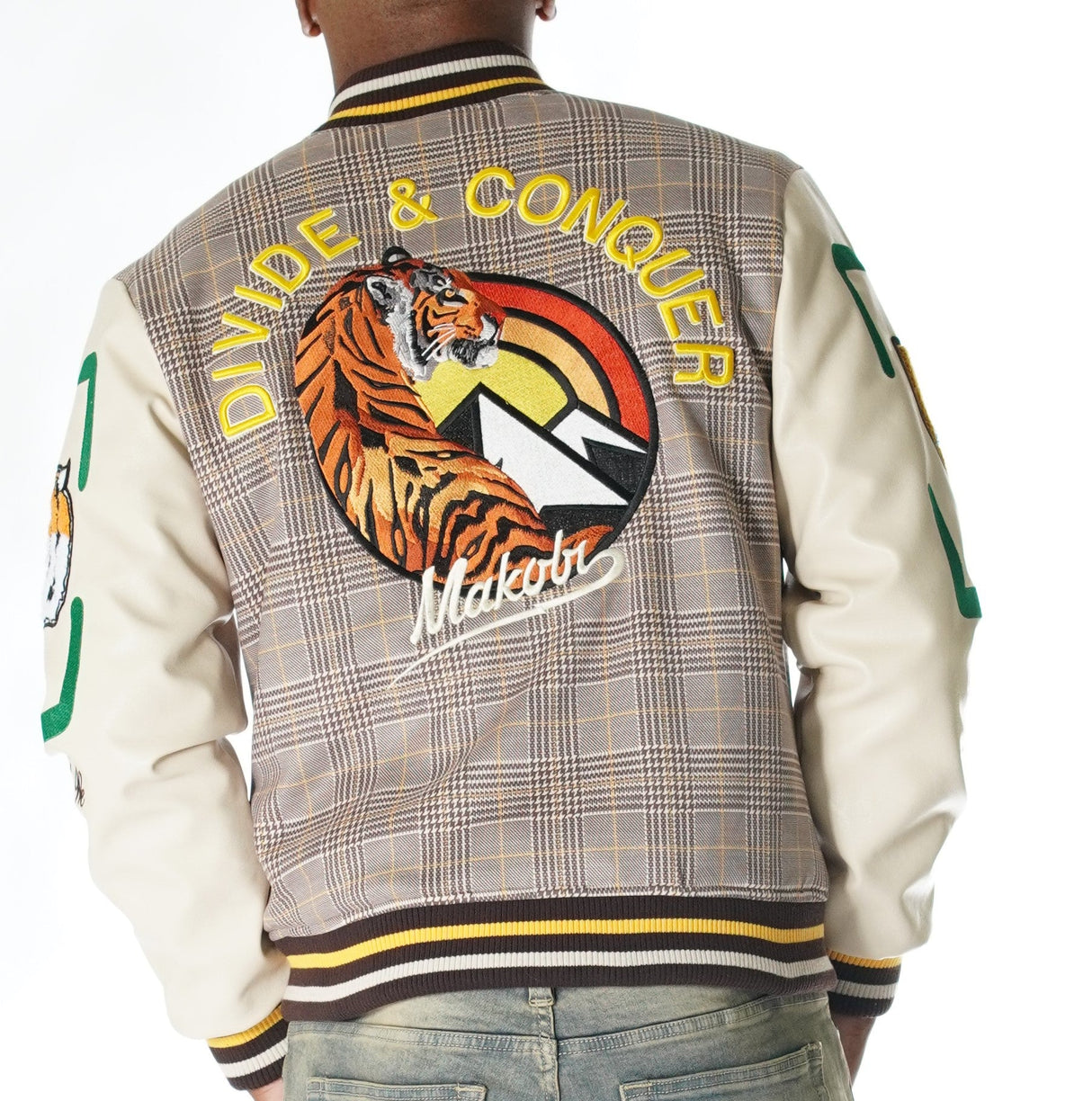 M4315 Vercelli Plaid Varsity Jacket - Khaki From Makobi Jeans USA