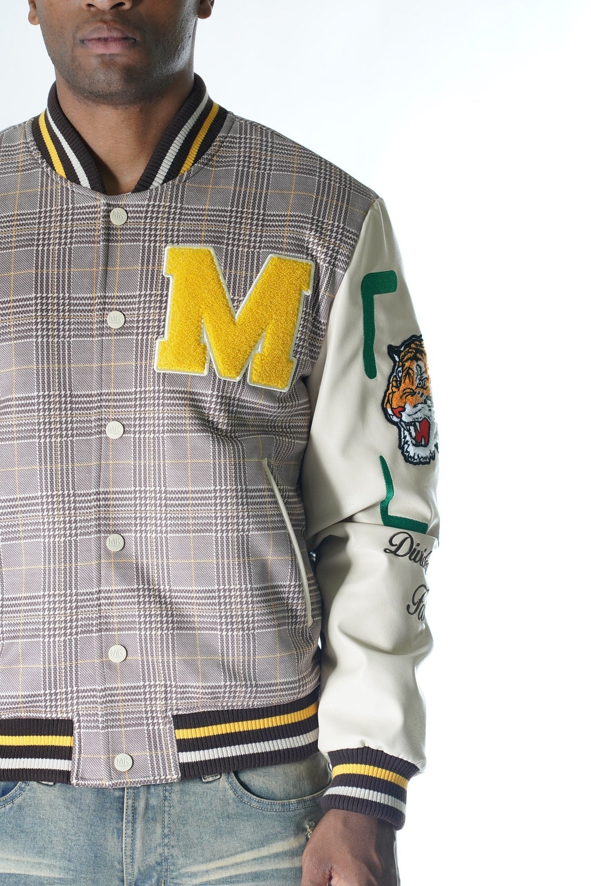 M4315 Vercelli Plaid Varsity Jacket - Khaki From Makobi Jeans USA