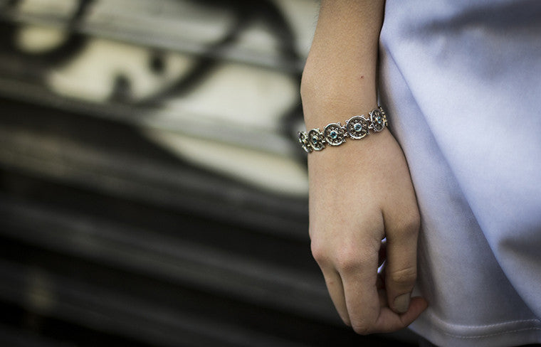 Dharmachakra Noble Truth Sterling Silver & Blue Topaz Bracelet from Cynthia Gale New York