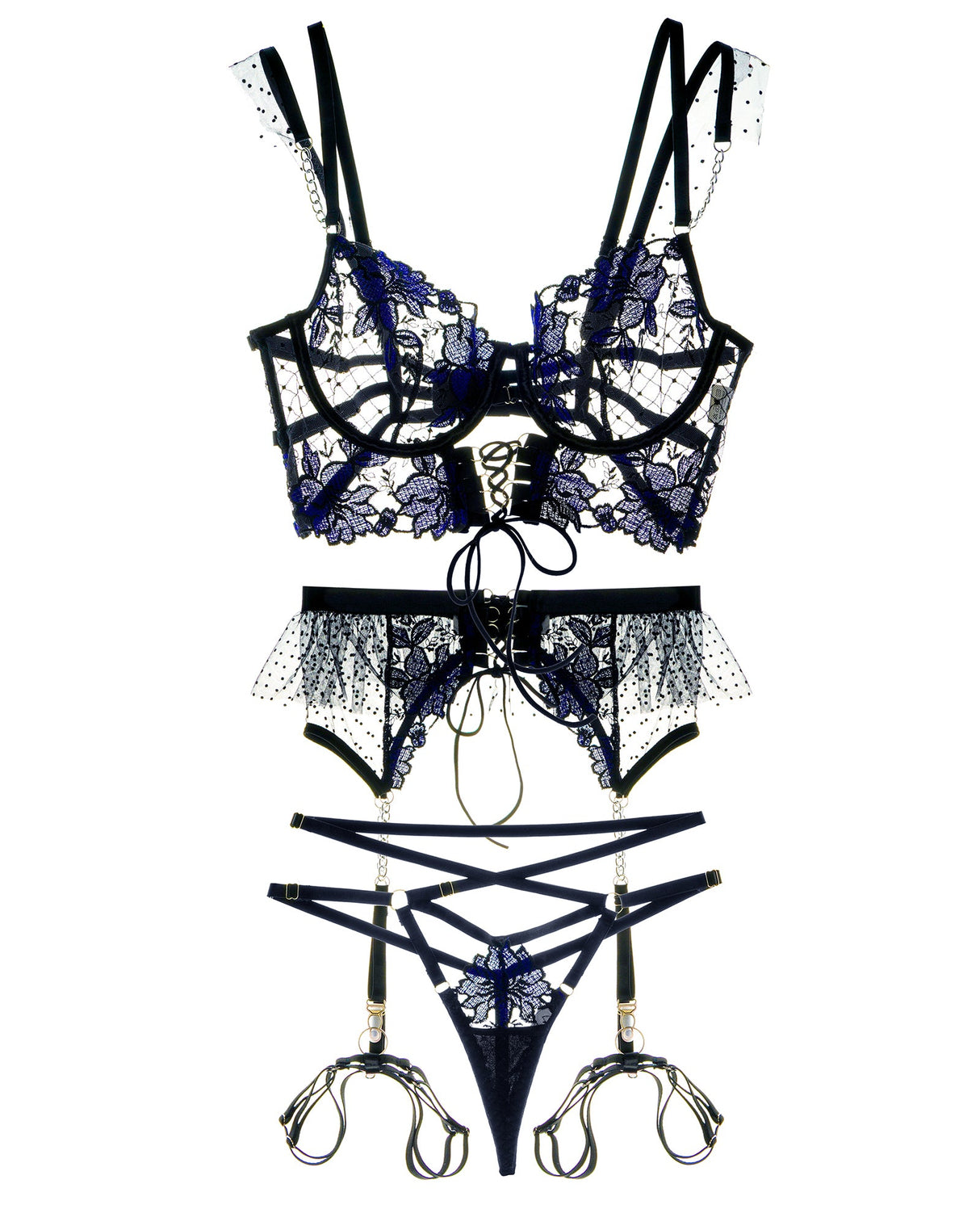 Black&Blue Lace Tie Adjustable Sculpting Body Lingerie Set From Hello.LA.Girl