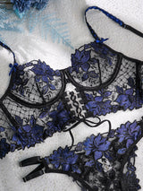 Black&Blue Floral Embroidery Ribbon Lingerie Set From Hello.LA.Girl