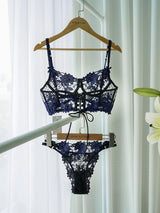 Black&Blue Floral Embroidery Ribbon Lingerie Set From Hello.LA.Girl