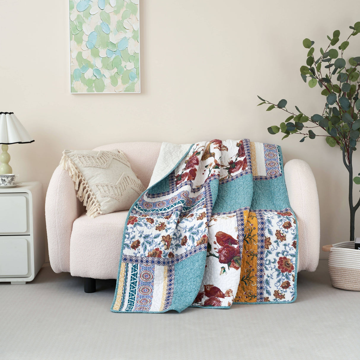Tache Cotton Patchwork Old World Garden Pastel Blue Yellow Red Hummingbirds Quilted Throw Blanket (JHW-936) from Tache Home Fashion