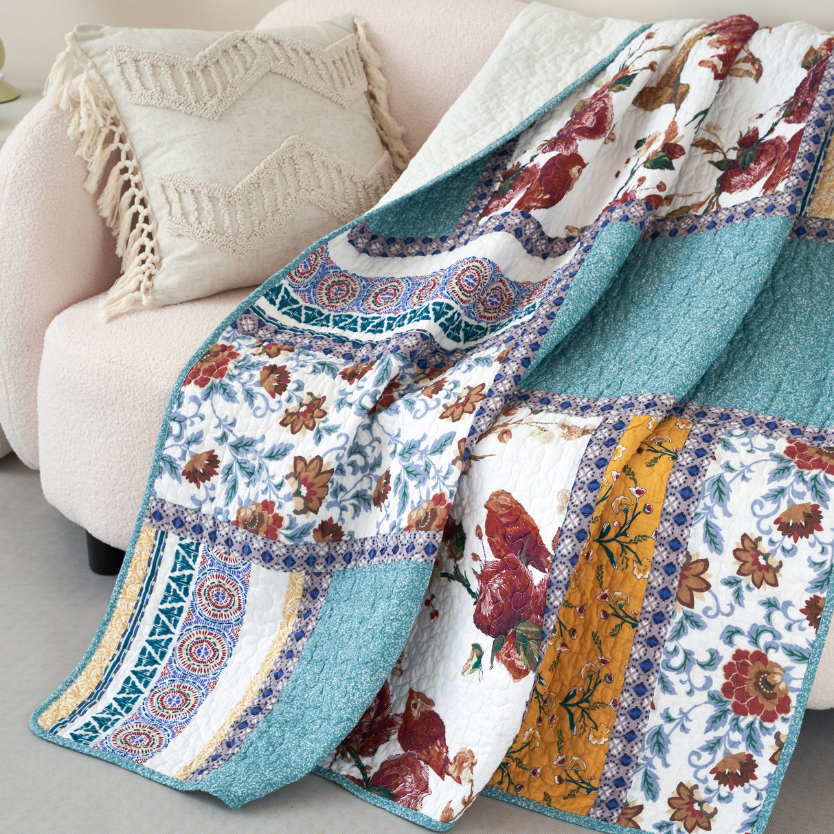 Tache Cotton Patchwork Old World Garden Pastel Blue Yellow Red Hummingbirds Quilted Throw Blanket (JHW-936) from Tache Home Fashion