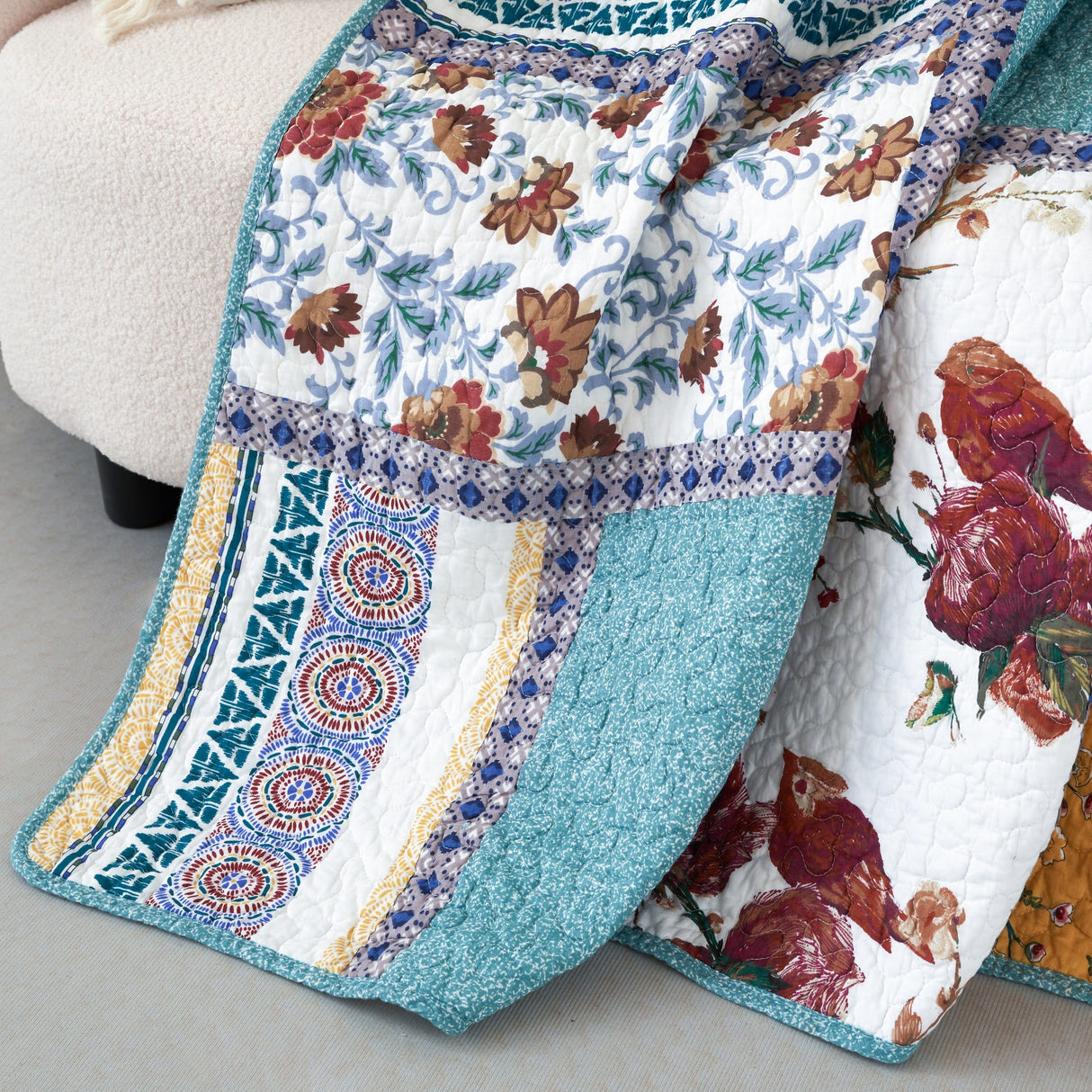 Tache Cotton Patchwork Old World Garden Pastel Blue Yellow Red Hummingbirds Quilted Throw Blanket (JHW-936) from Tache Home Fashion