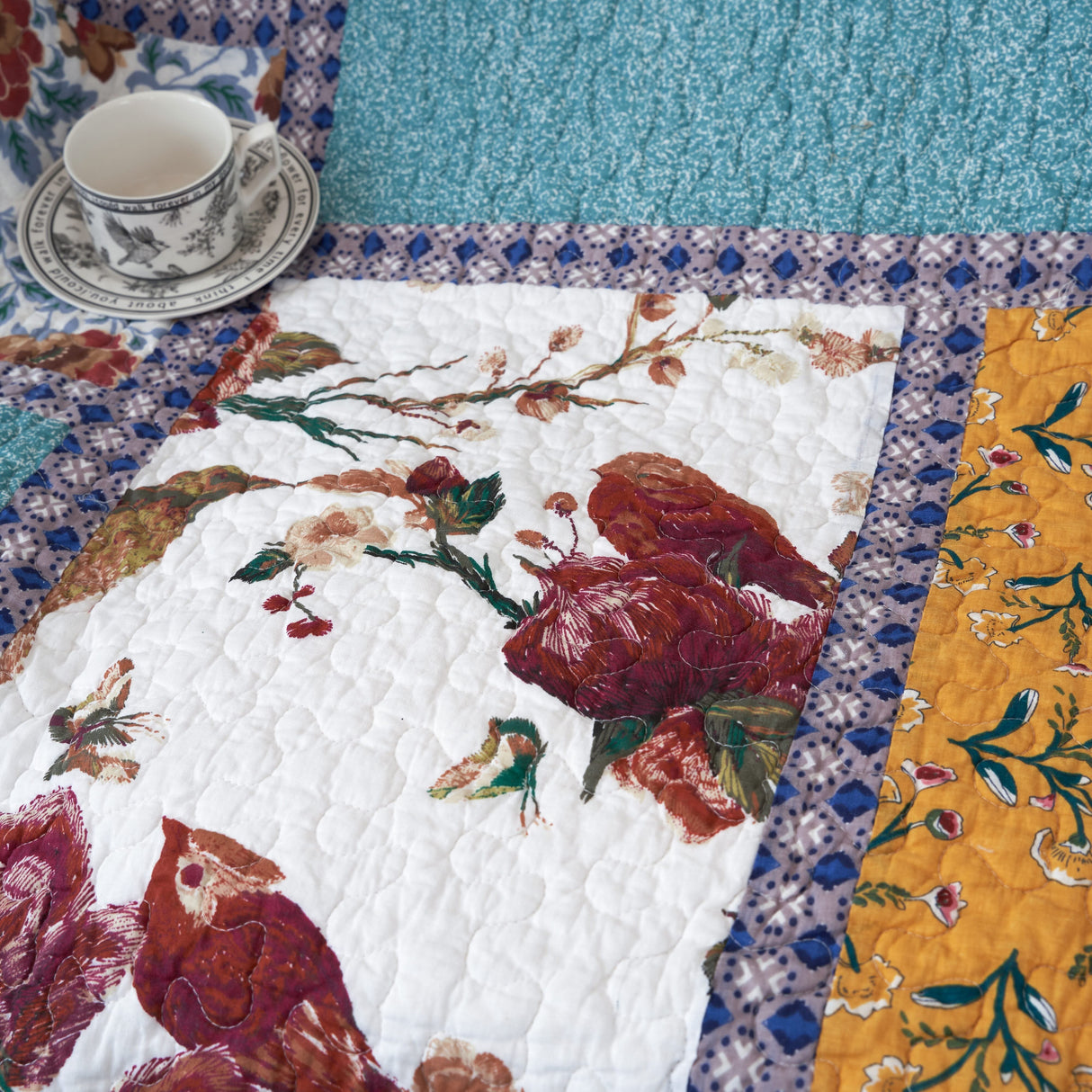 Tache Cotton Patchwork Old World Garden Pastel Blue Yellow Red Hummingbirds Quilted Throw Blanket (JHW-936) from Tache Home Fashion