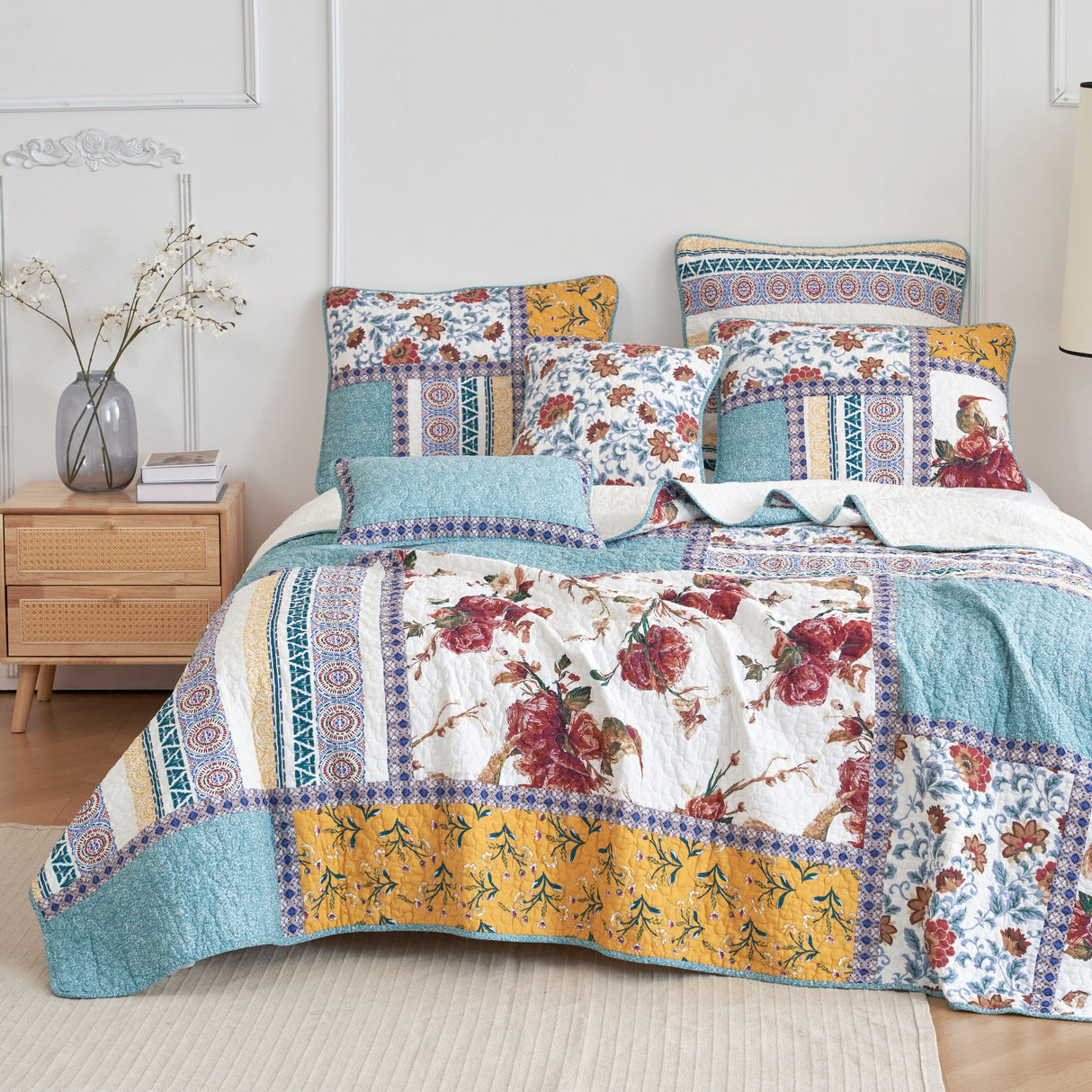 Tache Cotton Patchwork Blue Yellow Old World Hummingbirds Garden Euro Sham (JHW-936) from Tache Home Fashion