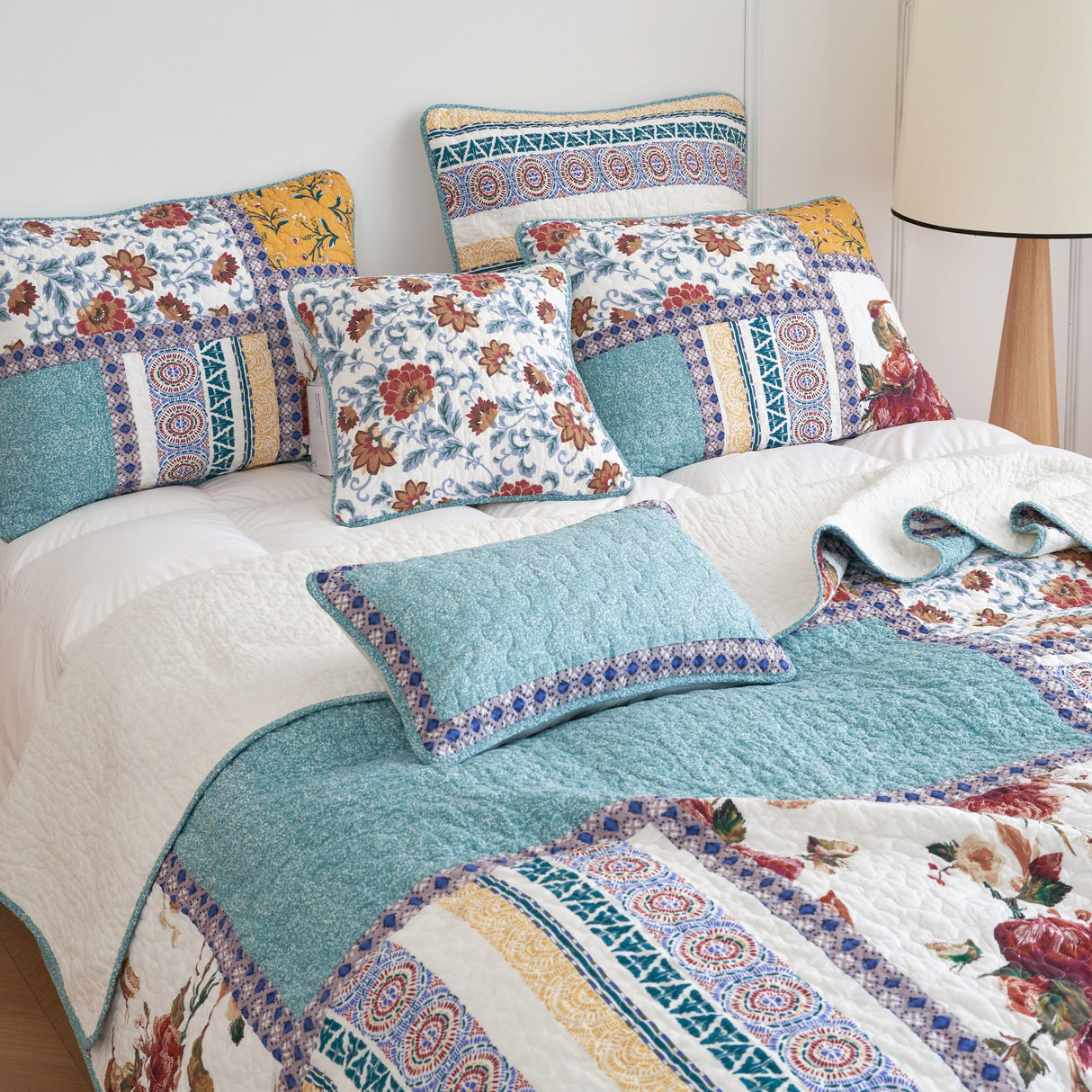 Tache Cotton Turquoise Blue Geometric Patchwork Border Old World Lumbar Pillow Sham (JHW-936)