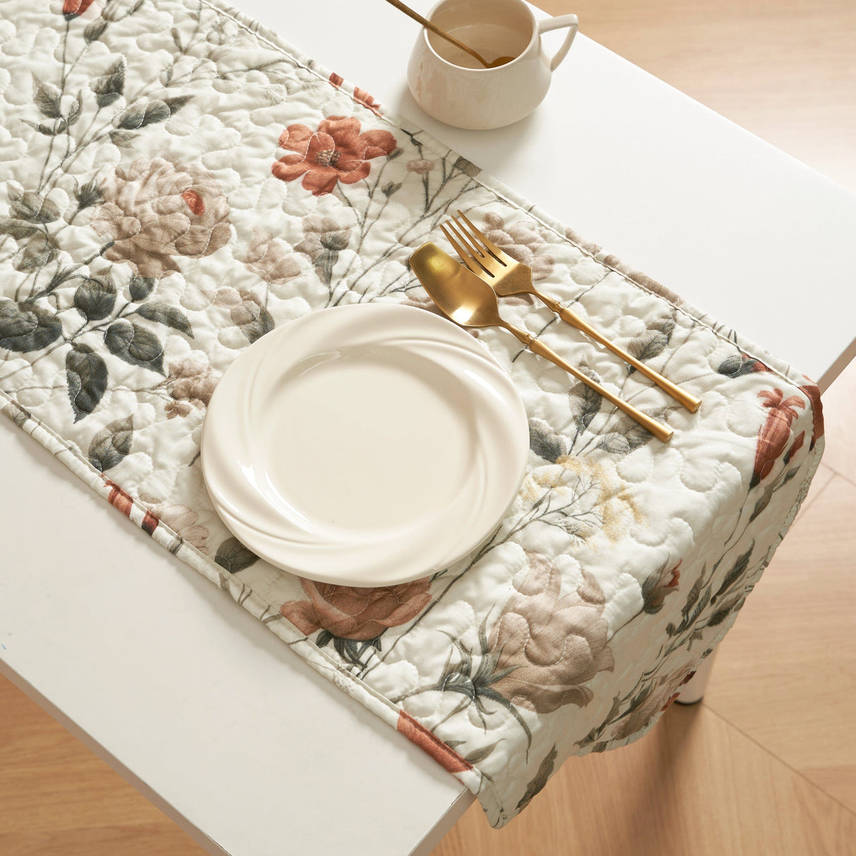 DaDalogy Enchanted Meadow Reversible Dinner Table Runner - Floral Elegance in Beige, Rose, and Soft Olive Green, Premium Soft Microfiber Quilted Table Runner from DaDalogy Bedding Collection