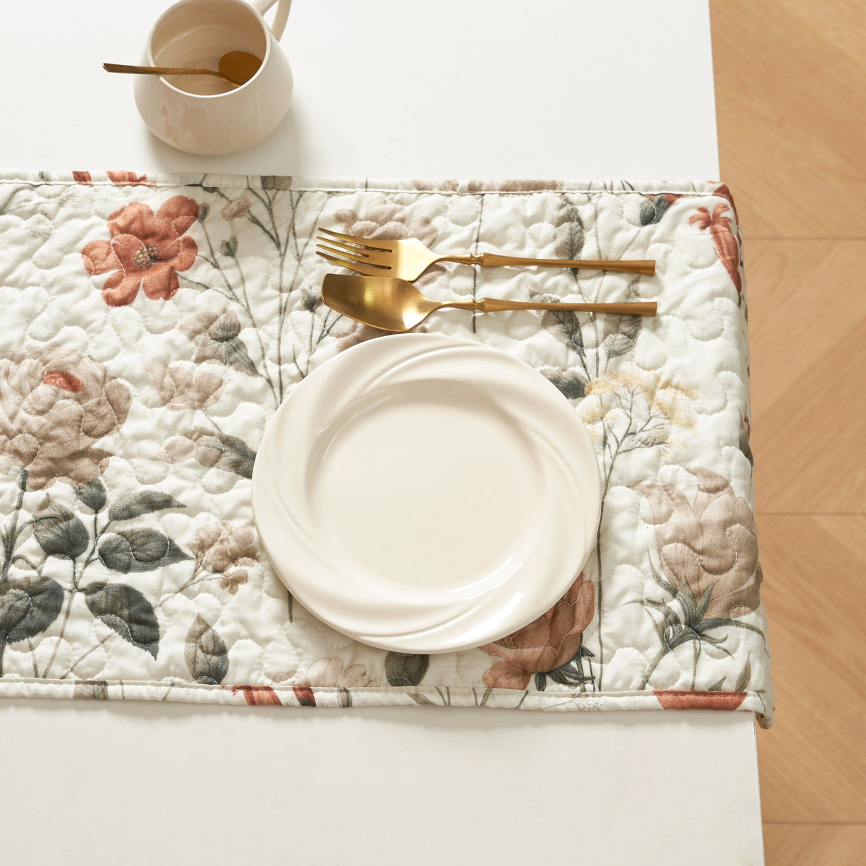 DaDalogy Enchanted Meadow Reversible Dinner Table Runner - Floral Elegance in Beige, Rose, and Soft Olive Green, Premium Soft Microfiber Quilted Table Runner from DaDalogy Bedding Collection