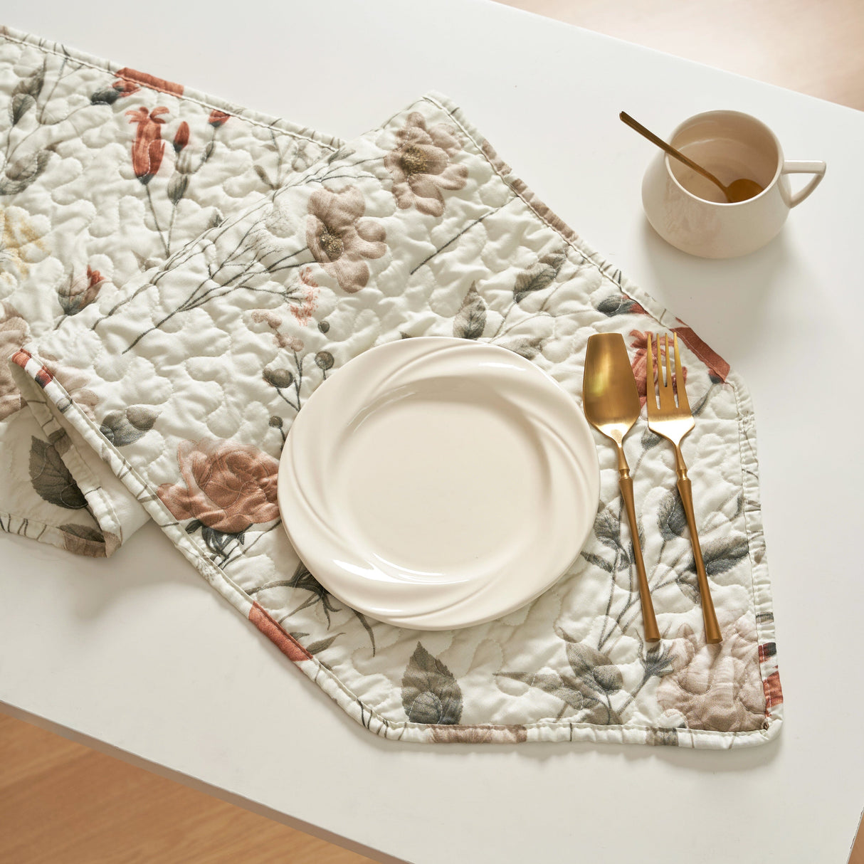 DaDalogy Enchanted Meadow Reversible Dinner Table Runner - Floral Elegance in Beige, Rose, and Soft Olive Green, Premium Soft Microfiber Quilted Table Runner from DaDalogy Bedding Collection