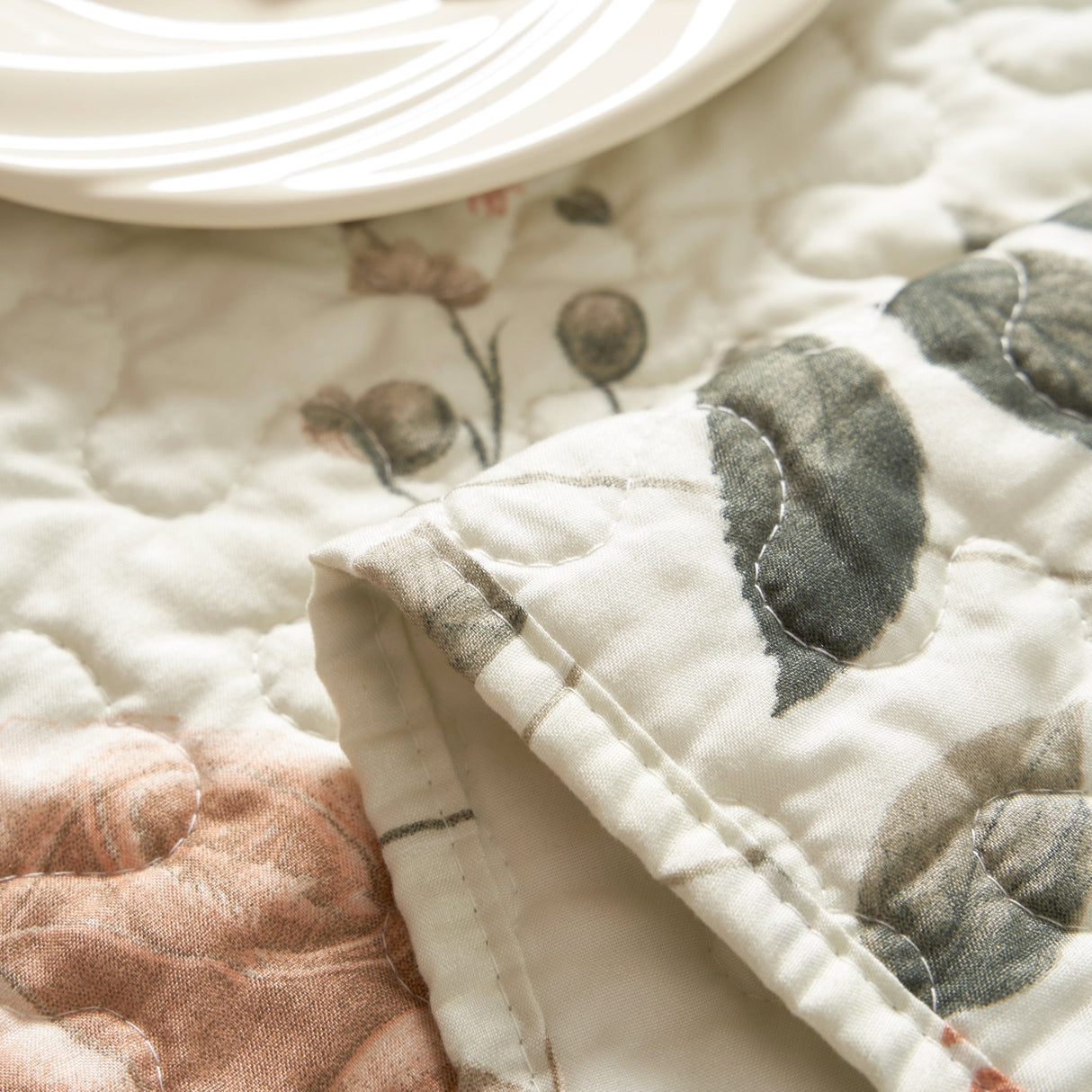DaDalogy Enchanted Meadow Reversible Dinner Table Runner - Floral Elegance in Beige, Rose, and Soft Olive Green, Premium Soft Microfiber Quilted Table Runner from DaDalogy Bedding Collection