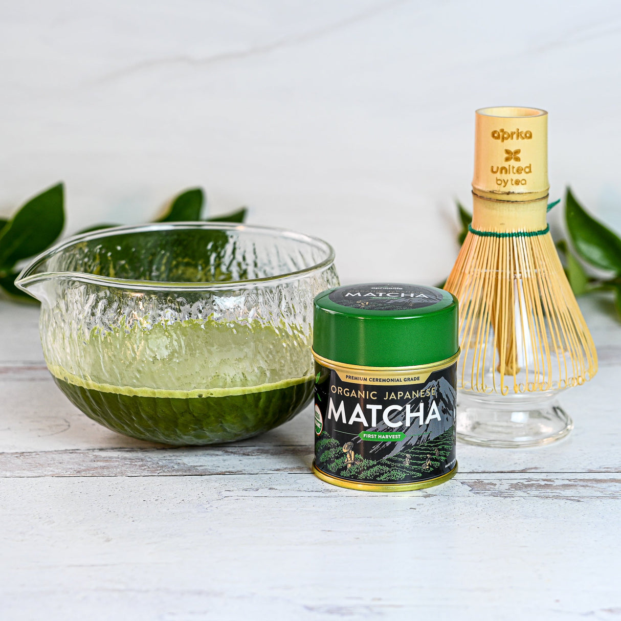 Textured Spouted Glass Matcha Bowl Pattern 2, Bamboo Matcha Whisk, Whisk Holder and Organic Japanese Matcha Set from Aprika Life