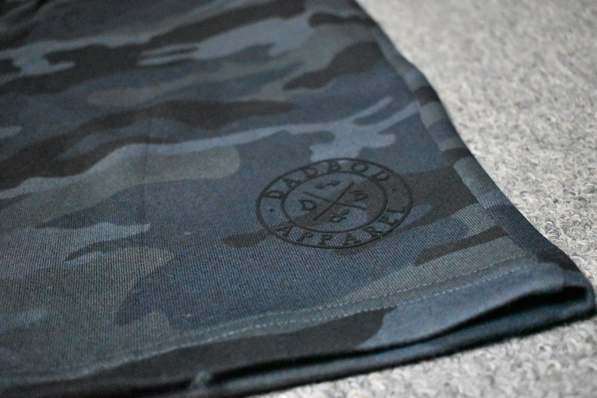Black Camo Sweat Shorts from DadBod Apparel