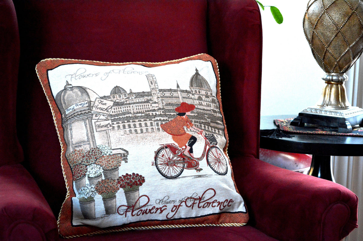 Tache Flowers of Florence Italy Skyline European Postcard Woven Tapestry Throw Pillow Cover (14003) from Tache Home Fashion