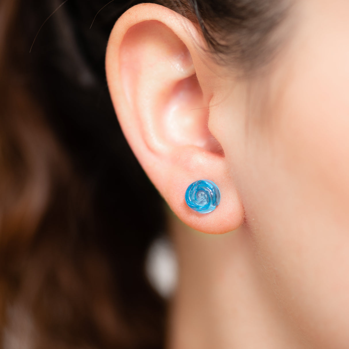 Aqua Blue Carved Lucite Rose Stud Earrings from Leetie Lovendale