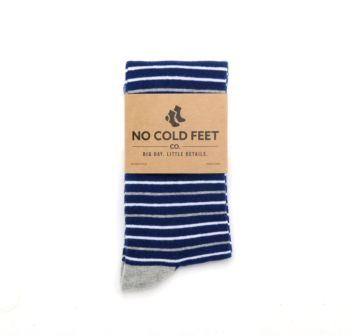 Navy, White, and Grey Striped Socks from No Cold Feet