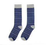 Navy, White, and Grey Striped Socks from No Cold Feet