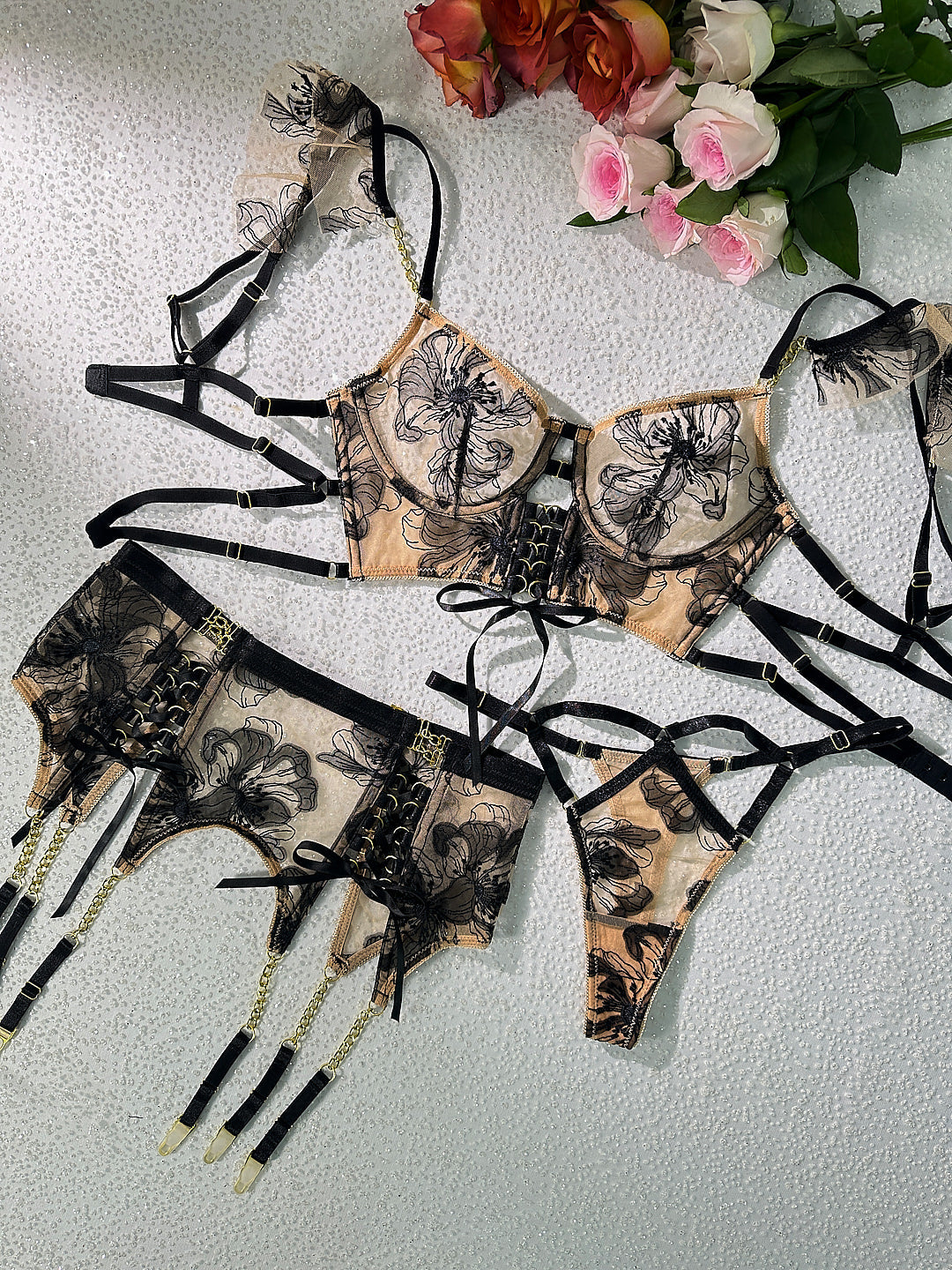 Black&Nude Ribbon Sculpting Body Lingerie Set From Hello.LA.Girl