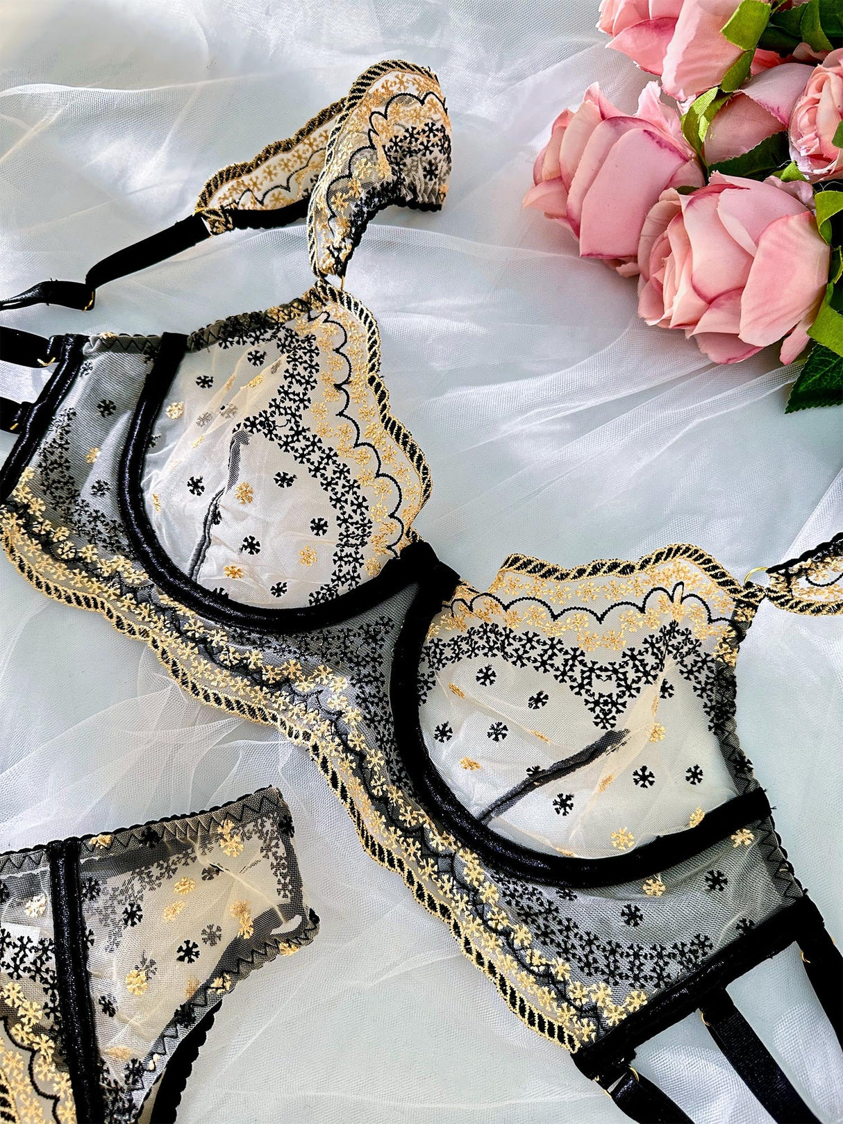 Black&Gold Luxury Lace Embroidered Lingerie Set From Hello.LA.Girl