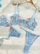 Blue Floral Embroidery Pearl Chain Lingerie Set From Hello.LA.Girl