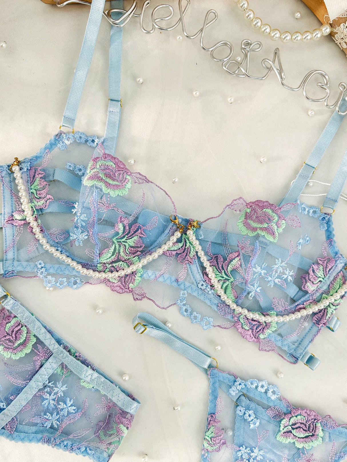 Blue Floral Embroidery Pearl Chain Lingerie Set From Hello.LA.Girl