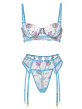Blue Floral Embroidery Pearl Chain Lingerie Set From Hello.LA.Girl