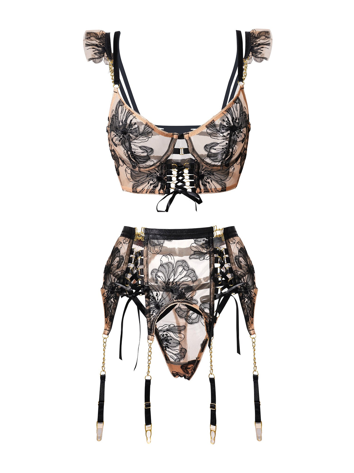 Black&Nude Ribbon Sculpting Body Lingerie Set From Hello.LA.Girl