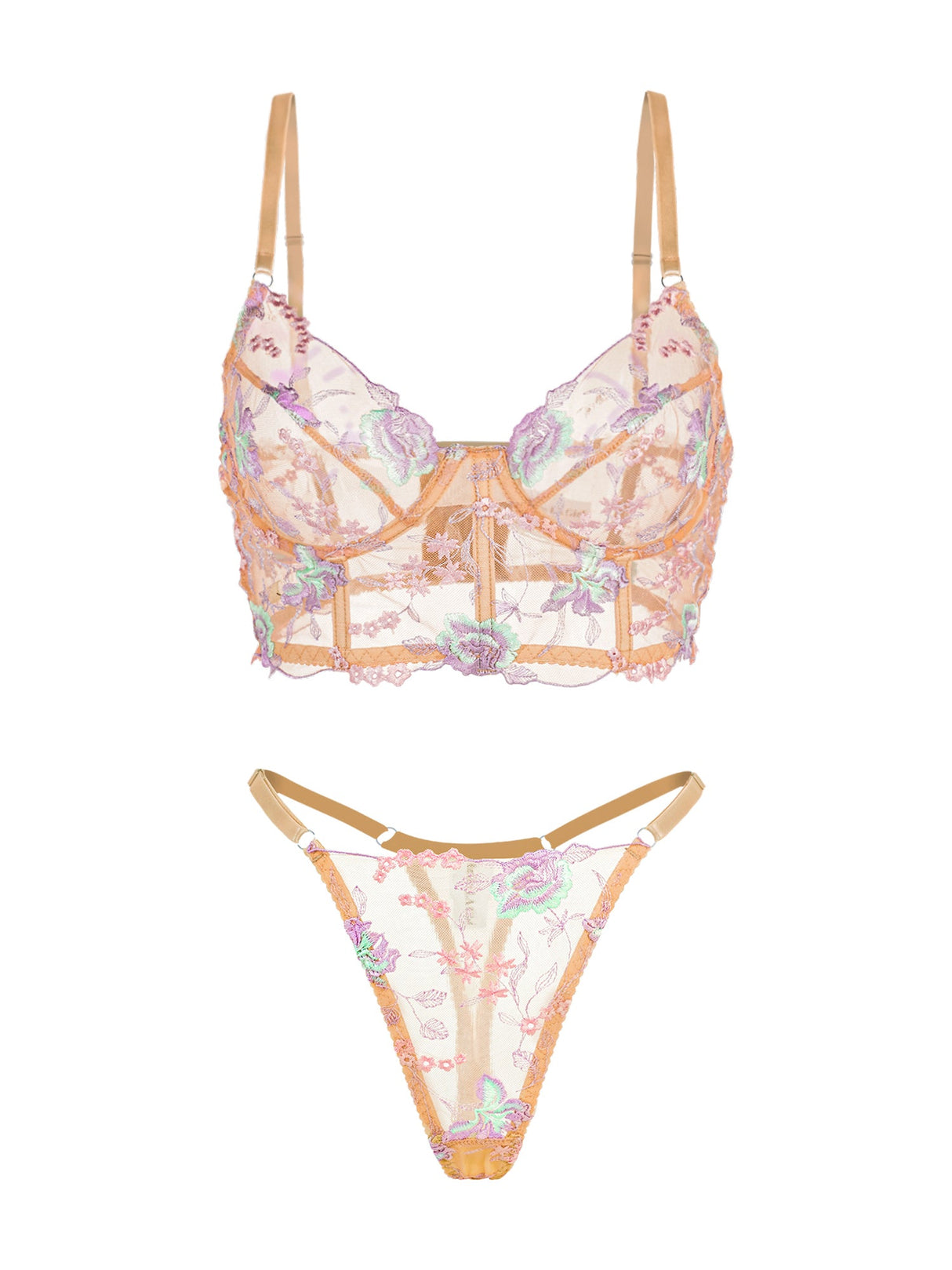 Champagne Floral Sexy Sheer Embroidered Lingerie Set From Hello.LA.Girl